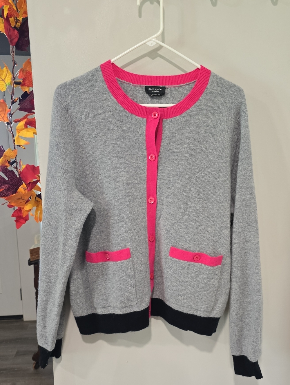 kate spade Gray Cardigan with Hot Pink Trim and Black Hem
